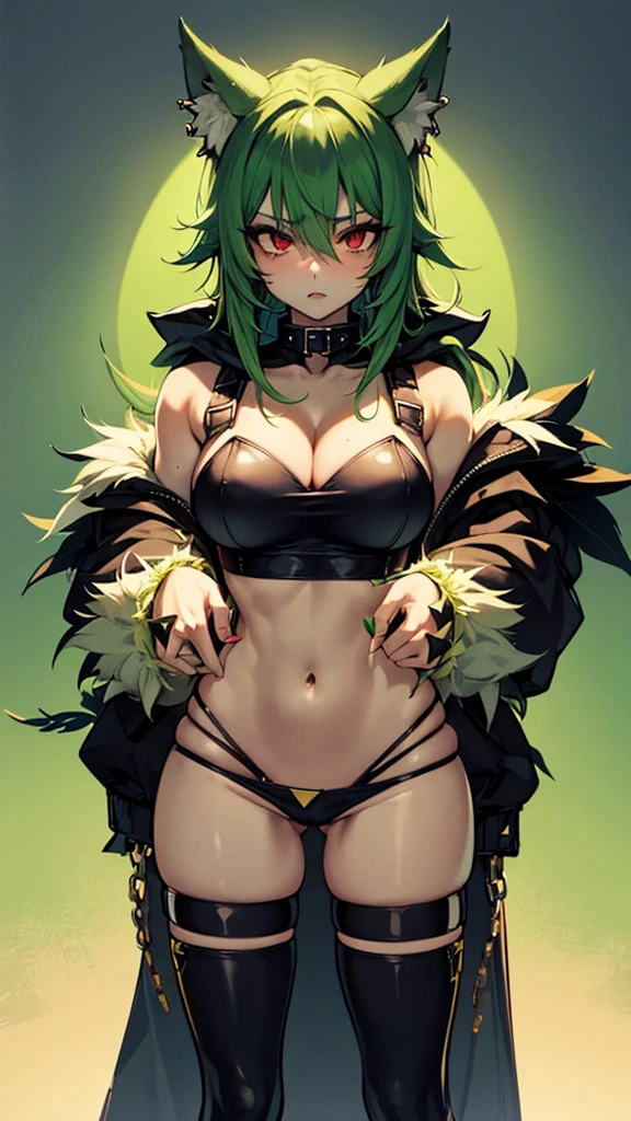   , Croped, , cleavage, slim waist, cropped hoodie underboob, cropped hoodieunderboobhoodie, 1girl, 2 wolf ears, wolf tail, marijuana crop hoodie, crop shorts, marijuana hoodie, spiky hair, spiky fur, green hair, red eyes,marijuana field scenery, tight clothes, perfect eyes, perfect hands, clear resolution, full body, cleavage skin, marijuana plants, open hoodie, marijuana scenery, black thigh high socks, full body, earrings, 1girl, skirt,  cleavage, slim waist, cleavage, slim waist, hair pulled back, 