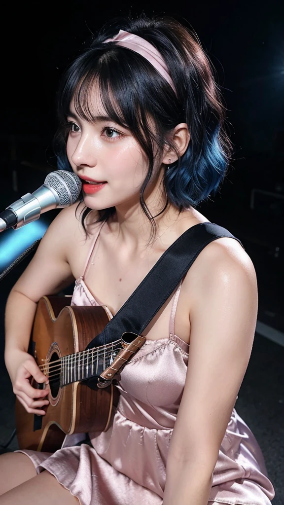 ((best quality)), photorealistic, photorealism, Photorealistic, high resolution, ((Wearing pink satin dress, headband))、smile、A superb beauty、Super cute、adorable、ennui、Rare beauty、Very Short hair、Black Dark Eyeshadow、Sad、white skin、pale skin, Very short hair layered、Dark Gothic Makeup、Cute Smile、Fragrant beauty、Garden background、Mastepiece、Best Quality、Refers to 5 books、Sweat glistening on my chest、Sweat glistening on my face、Medium breasts、Blue hair、Age 20 years old、Mysterious look、A sad expression、Blue Hair、Glamorous concert stage、enchanting castle、Sweating profusely all over the body、A lot of sweat and light on the thighs、Shiny thighs、Plenty of sweat glistening on the thighs、A large amount of sweat glistens on my thighs、Sweating profusely、Gal、Medium breasts、Beautiful face、Alluring expression、Sitting、Sitting playing guitar、Thick thighs、Playing guitar、I have a guitar、Sing a song enthusiastically、Playing guitar in a band、Rock band、Playing guitar chords、Live House Background、Sing a song、Open your mouth、Live house scenery、Mic stand、Glamorous live stage、Dynamic Angle、Cinematic lighting