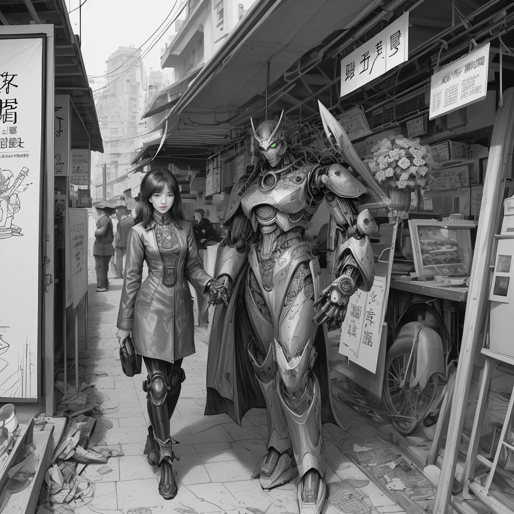 steampunk。Hongkong、Abandoned Asian cities、Alley、food stall、Rubber Coat Mecha。Midnight、Mucha、flower、Grasonochrome、Line artだけの塗り絵を作ってください。Line art、Finally, create the bottom of the coloring book.