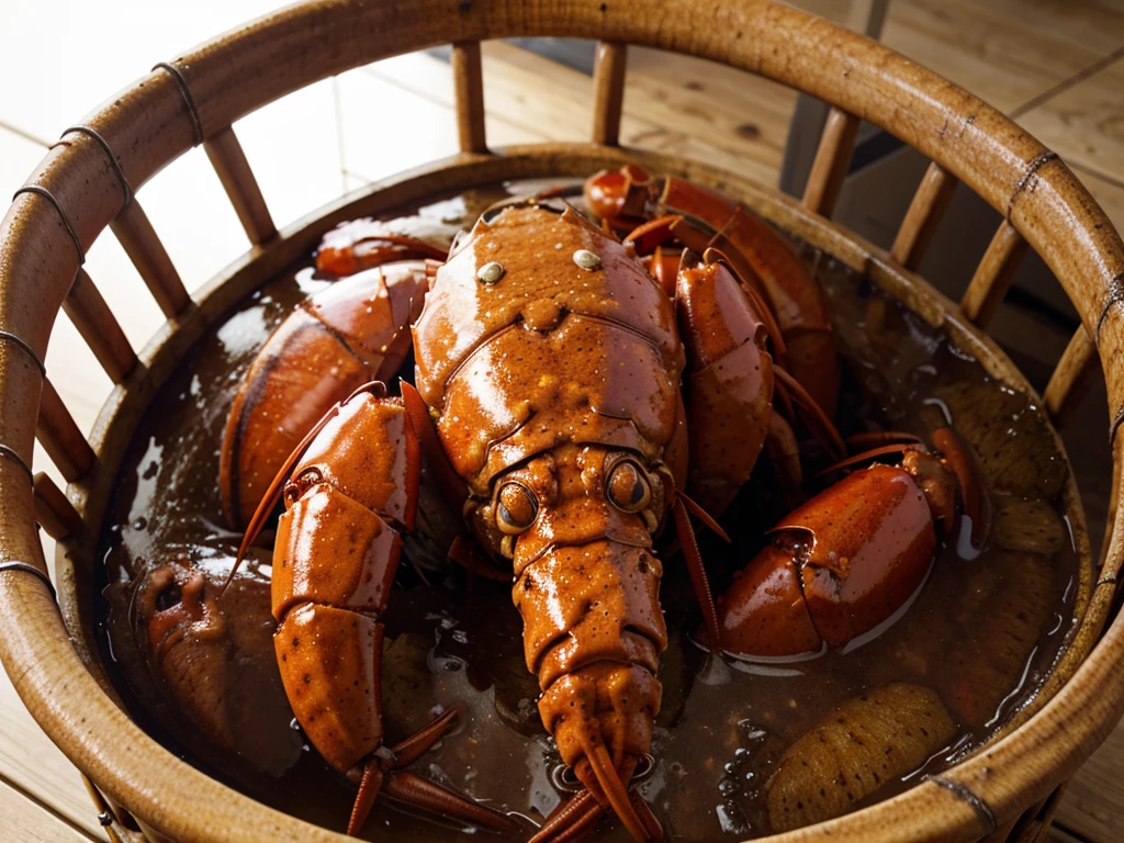 a big crawfish inside a bucket staring at the viewer with an angry expression