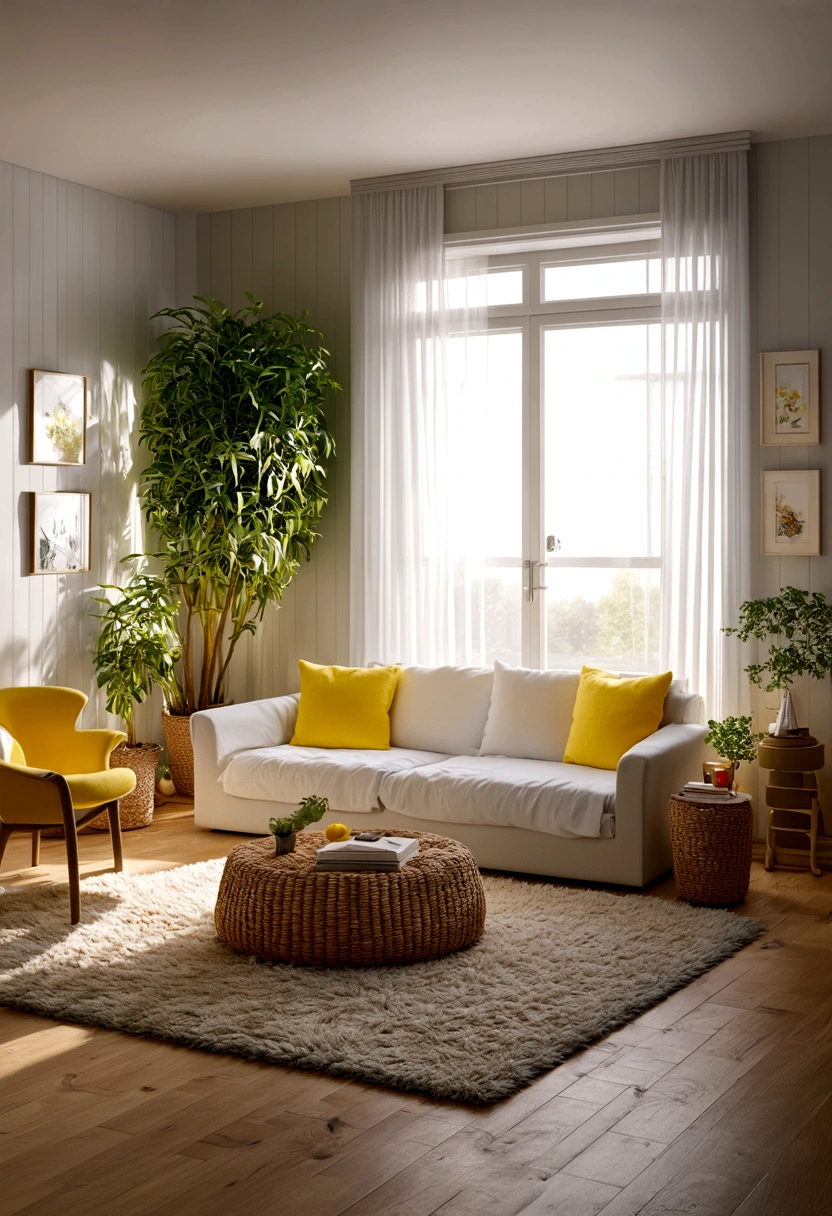 Extremely detailed dollhouse, cozy bedRoom, Cute 3d rendering, Fascinating lighting and shadows, White and yellow cushions, architecture学, furniture, indoors, architecture, living Room, Room, Area rugs, plant, Home Decoration, sofa, Chair, Interior design