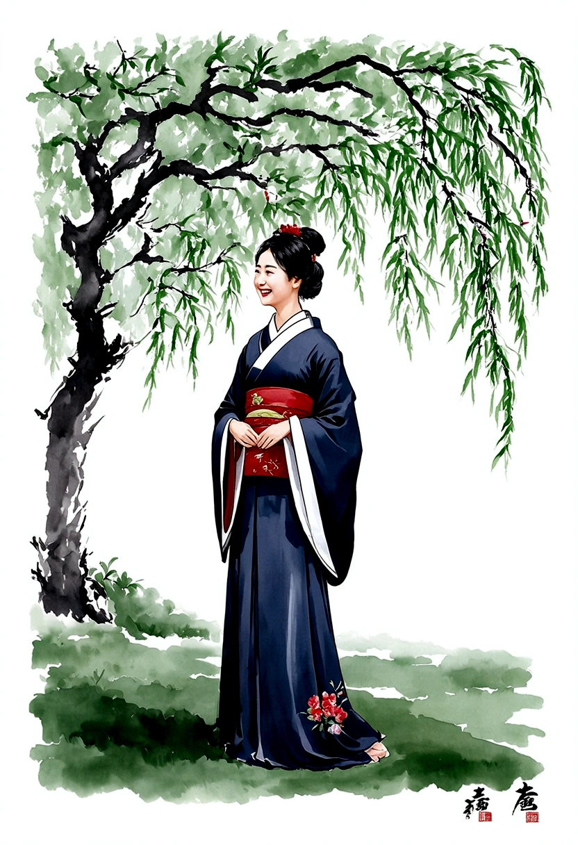shukezouma, Negative Space, , Bisim , Portrait of a Standing Woman , Willow branches, (masterpiece, best quality:1.2), Traditional Chinese ink painting, Model shooting style, peaceful, (Smile), Looking at the audience, wearing long hanfu, hanfu, song, Willow trees in the background, wuchangshuo,
