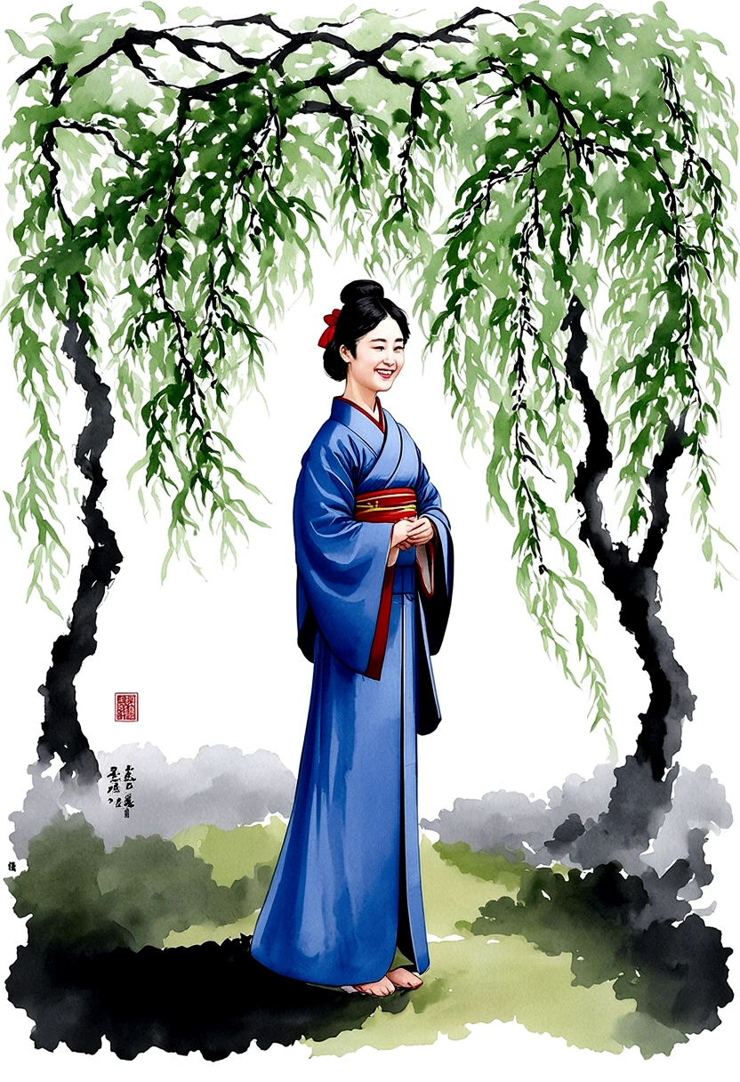 shukezouma, Negative Space, , Bisim , Portrait of a Standing Woman , Willow branches, (masterpiece, best quality:1.2), Traditional Chinese ink painting, Model shooting style, peaceful, (Smile), Looking at the audience, wearing long hanfu, hanfu, song, Willow trees in the background, wuchangshuo,