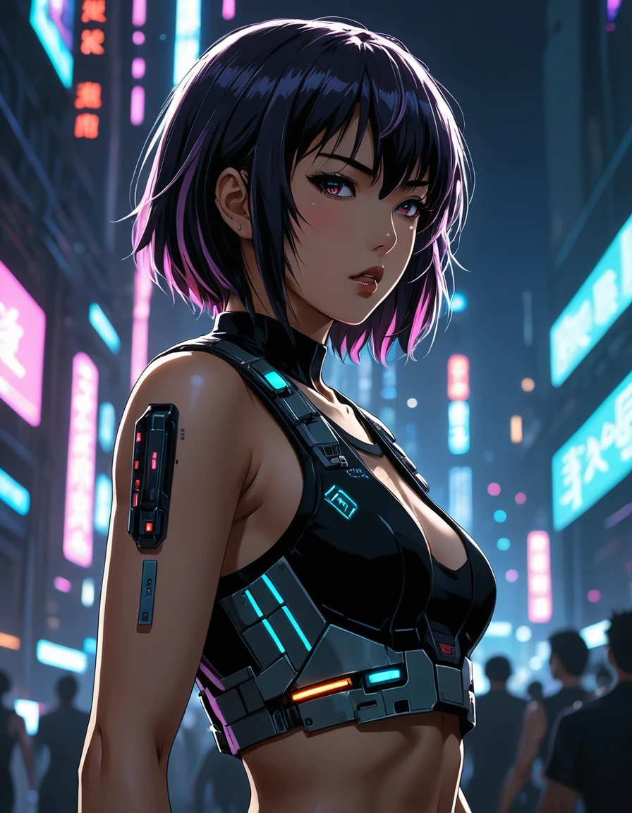retro artstyle, retro anime, 1girl, cyborg kusanagi motoko, tank top, short hair, black hair, dark, cyberpunk short lighting technique, cinematic, epic realism,8K, highly detailed, side angle,sweaty armpits,see through translucent top