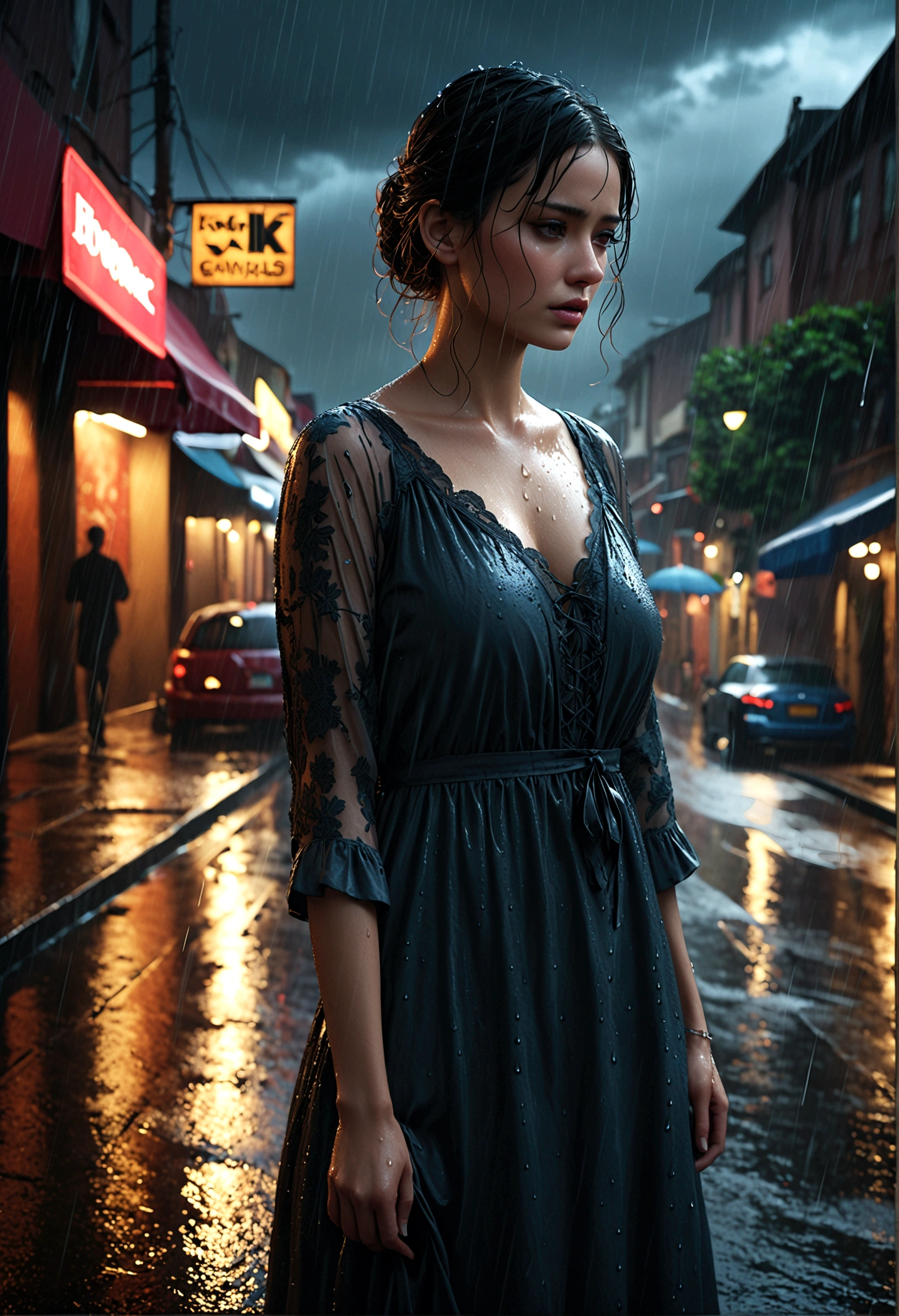 a woman in a long lace dress standing in the rain, dramatic expression, cinematic lighting, moody atmosphere, high contrast, muted colors, wet fabric, rain drops, stormy sky, (best quality,4k,8k,highres,masterpiece:1.2),ultra-detailed,(realistic,photorealistic,photo-realistic:1.37),highly detailed,intricate details,dramatic lighting,cinematic composition,moody colors