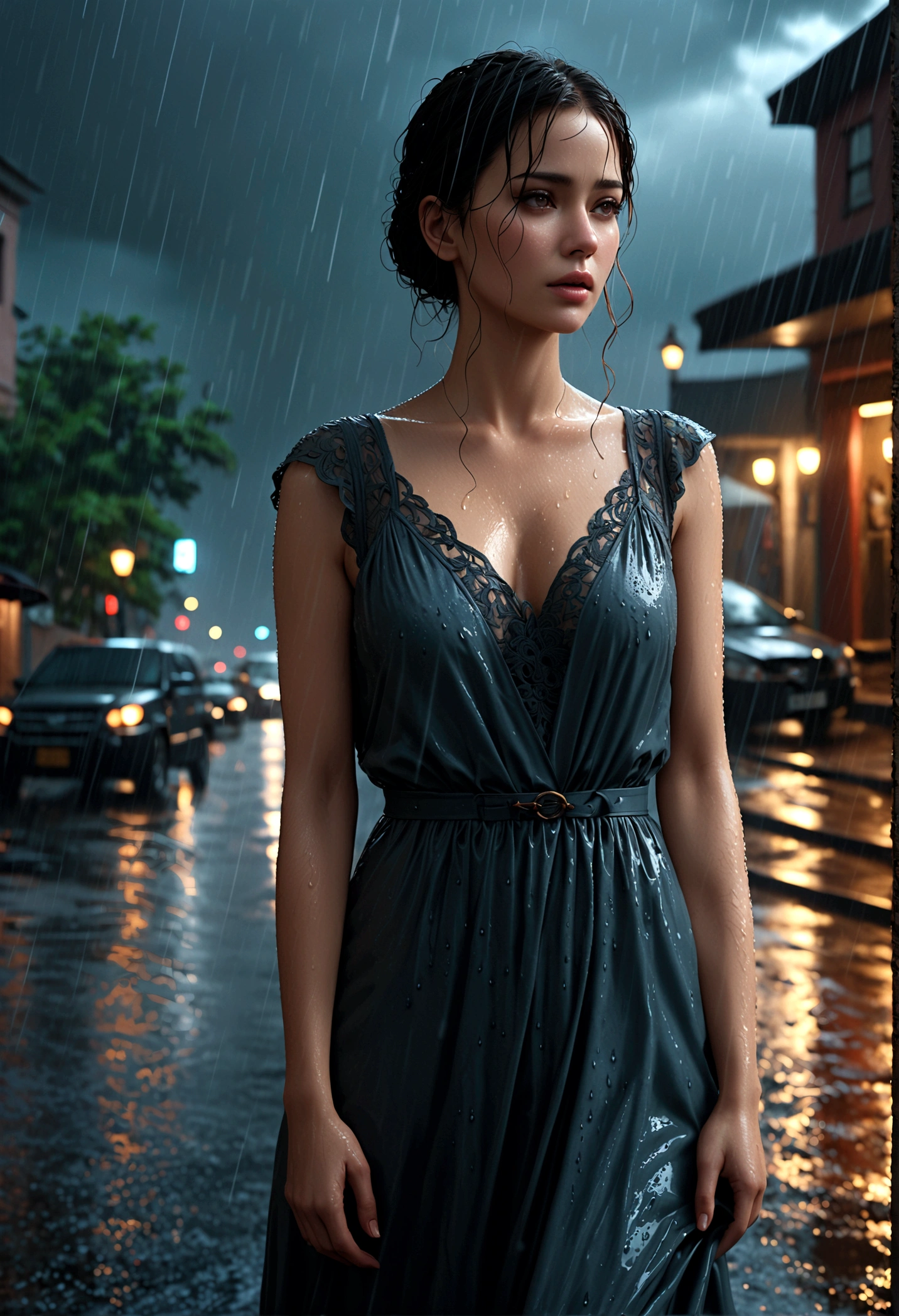 a woman in a long lace dress standing in the rain, dramatic expression, cinematic lighting, moody atmosphere, high contrast, muted colors, wet fabric, rain drops, stormy sky, (best quality,4k,8k,highres,masterpiece:1.2),ultra-detailed,(realistic,photorealistic,photo-realistic:1.37),highly detailed,intricate details,dramatic lighting,cinematic composition,moody colors