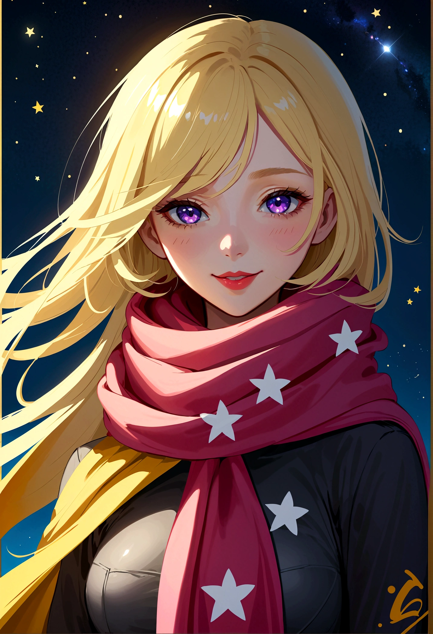 1 Girl, Ahog, Bangs, Blonde hair, Blow a Kiss, blue eyes, blue scarf, brown scarf, cleveage, Shut up, eyelash, Face, Flowing hair, Hair between the eyes, Heart, Lips, Lipstick, Long hair, Looking at the audience, cosmetic, night Sky, nose, Close one eye, orange scarf, pink Lips, pink scarf, portrait, Purple Eyes, Practical, red Lips, red scarf, scarf, sign, Smile, Solitary, space, spoken Heart, Star (Sky), Starry Sky, Upper Body, Watermark, yang xiao long, yellow scarf