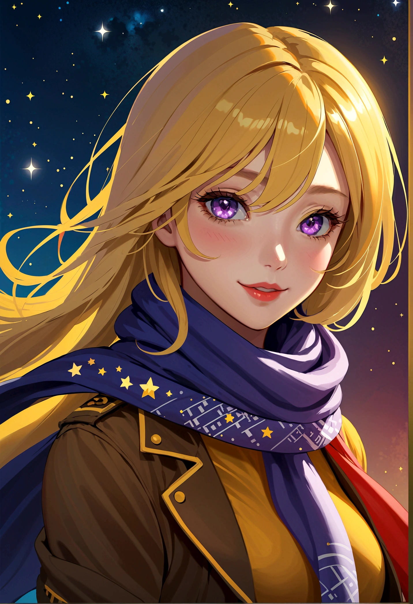 1 Girl, Ahog, Bangs, Blonde hair, Blow a Kiss, blue eyes, blue scarf, brown scarf, cleveage, Shut up, eyelash, Face, Flowing hair, Hair between the eyes, Heart, Lips, Lipstick, Long hair, Looking at the audience, cosmetic, night Sky, nose, Close one eye, orange scarf, pink Lips, pink scarf, portrait, Purple Eyes, Practical, red Lips, red scarf, scarf, sign, Smile, Solitary, space, spoken Heart, Star (Sky), Starry Sky, Upper Body, Watermark, yang xiao long, yellow scarf