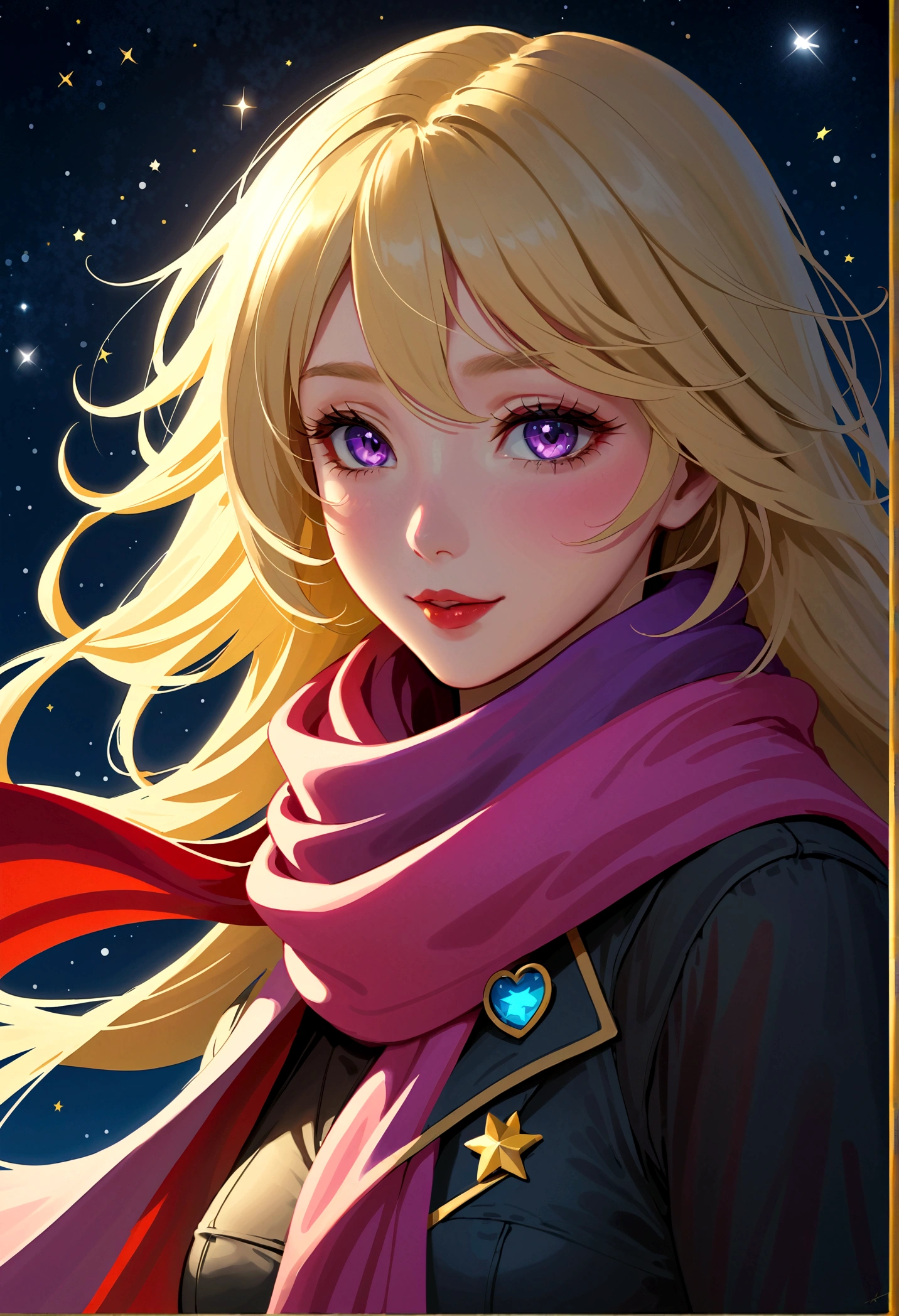 1 Girl, Ahog, Bangs, Blonde hair, Blow a Kiss, blue eyes, blue scarf, brown scarf, cleveage, Shut up, eyelash, Face, Flowing hair, Hair between the eyes, Heart, Lips, Lipstick, Long hair, Looking at the audience, cosmetic, night Sky, nose, Close one eye, orange scarf, pink Lips, pink scarf, portrait, Purple Eyes, Practical, red Lips, red scarf, scarf, sign, Smile, Solitary, space, spoken Heart, Star (Sky), Starry Sky, Upper Body, Watermark, yang xiao long, yellow scarf