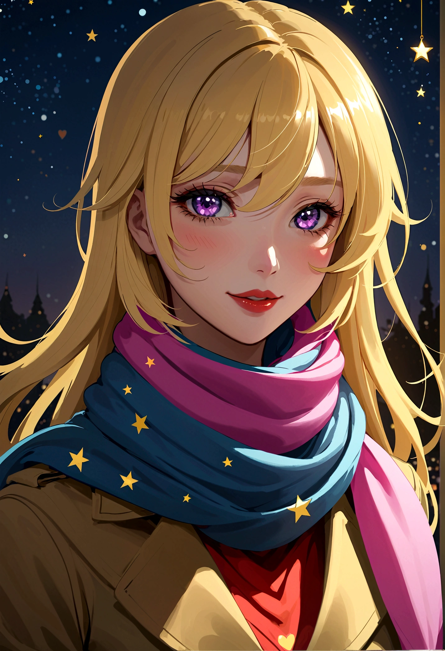 1 Girl, Ahog, Bangs, Blonde hair, Blow a Kiss, blue eyes, blue scarf, brown scarf, cleveage, Shut up, eyelash, Face, Flowing hair, Hair between the eyes, Heart, Lips, Lipstick, Long hair, Looking at the audience, cosmetic, night Sky, nose, Close one eye, orange scarf, pink Lips, pink scarf, portrait, Purple Eyes, Practical, red Lips, red scarf, scarf, sign, Smile, Solitary, space, spoken Heart, Star (Sky), Starry Sky, Upper Body, Watermark, yang xiao long, yellow scarf