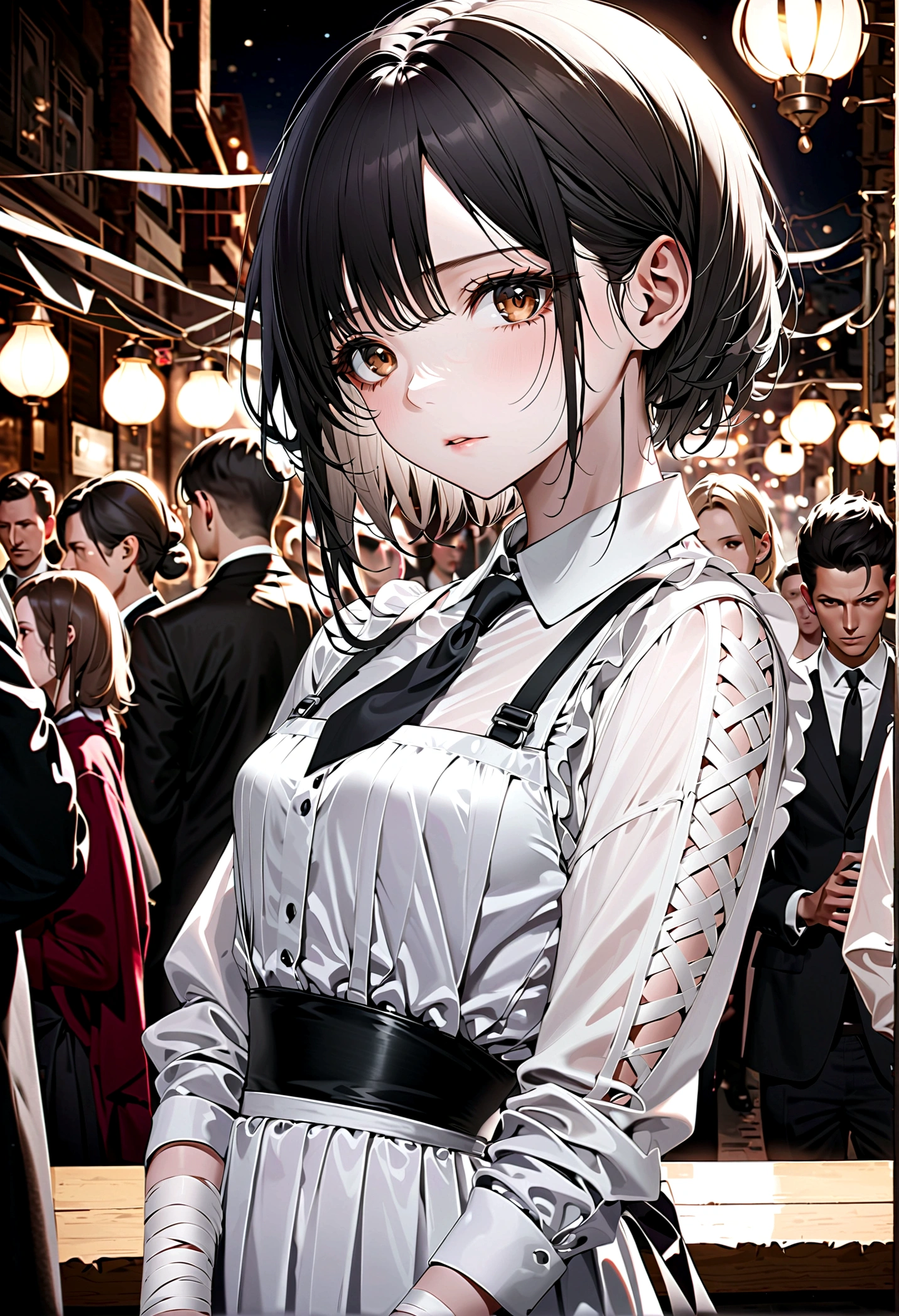 ((masterpiece, best quality)), (1 Girl), (Solitary), (Women&#39;s Focus), night ,(Very detailed face, Real images, Realistic white skin, Realistic body, Intricate details), Upper Body, Serious , Brown eyes, Looking at the audience, bandage over the body, Black Hair, Long-sleeved shirt, Apron Dress, Black tie, bandage, bandage, Small Breasts