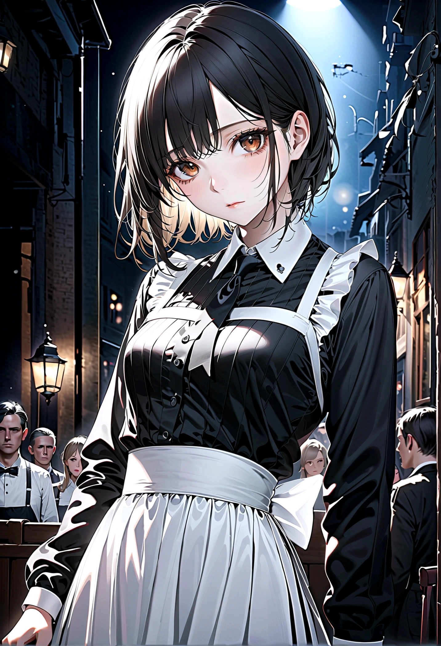 ((masterpiece, best quality)), (1 Girl), (Solitary), (Women&#39;s Focus), night ,(Very detailed face, Real images, Realistic white skin, Realistic body, Intricate details), Upper Body, Serious , Brown eyes, Looking at the audience, bandage over the body, Black Hair, Long-sleeved shirt, Apron Dress, Black tie, bandage, bandage, Small Breasts