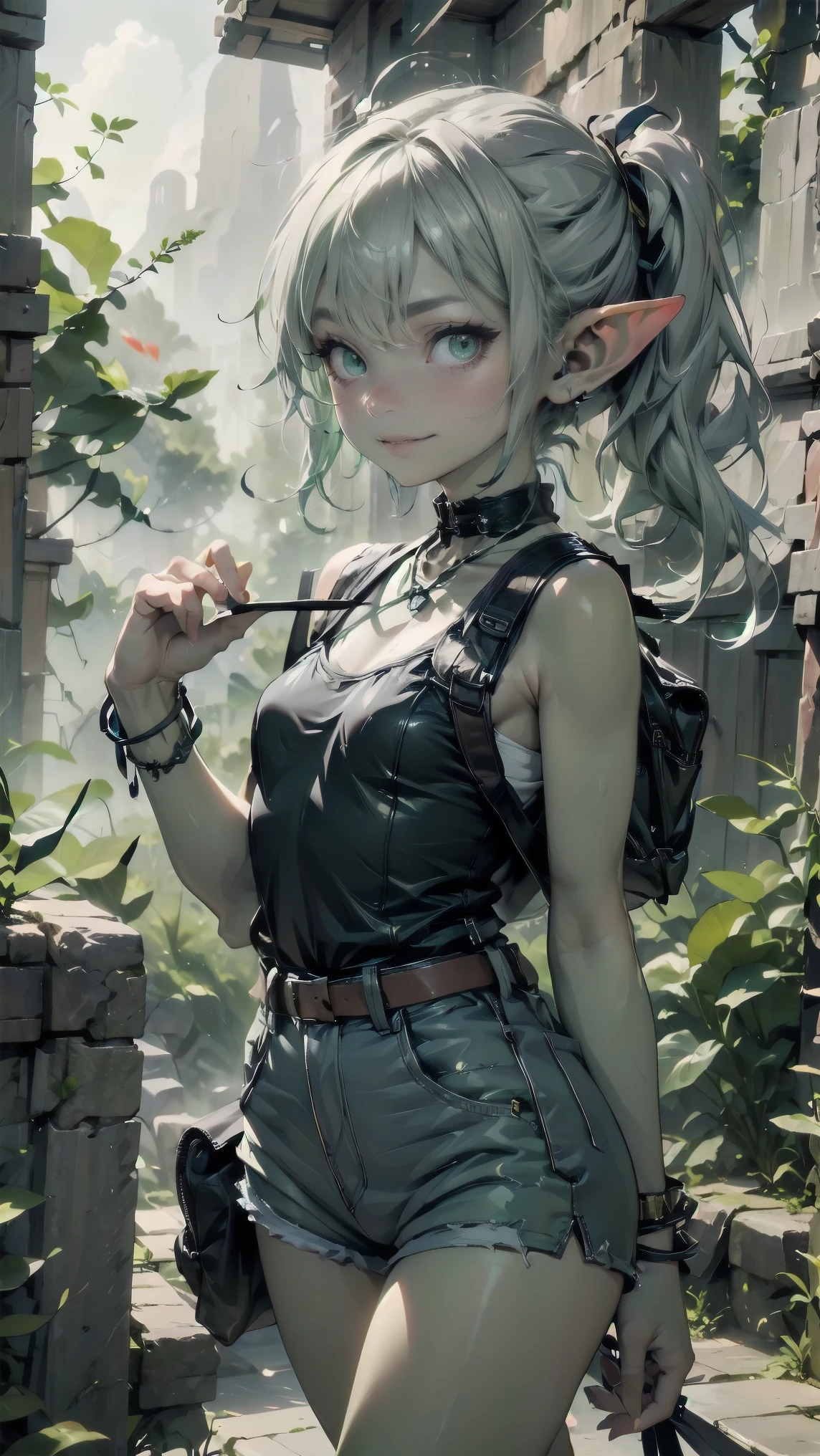 1 girl, solo ((best quality)), ((masterpiece)), (detailed), 4k, deep green skin, tiny pointy ears, 3 foot tall mature goblin woman with silver hair color, pigtails, ((green skin)) wearing tanktop, hiking shorts, hiking boots, backpack, wearing rainbow friendship bracelet and leather necklace, exploring ancient asian ruins on a misty early morning, foggy and mysterious, dynamic pose, cinematic still, misty, foggy, soft lighting