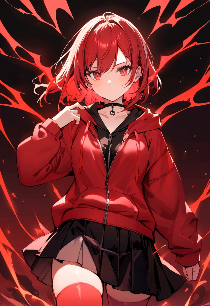 a girl with a red skirt and a black skirt under the red shirt . red stockings with the top black. red zip up hoodie with a black shirt underneath. red hair and red eyes has a black Choker Necklace