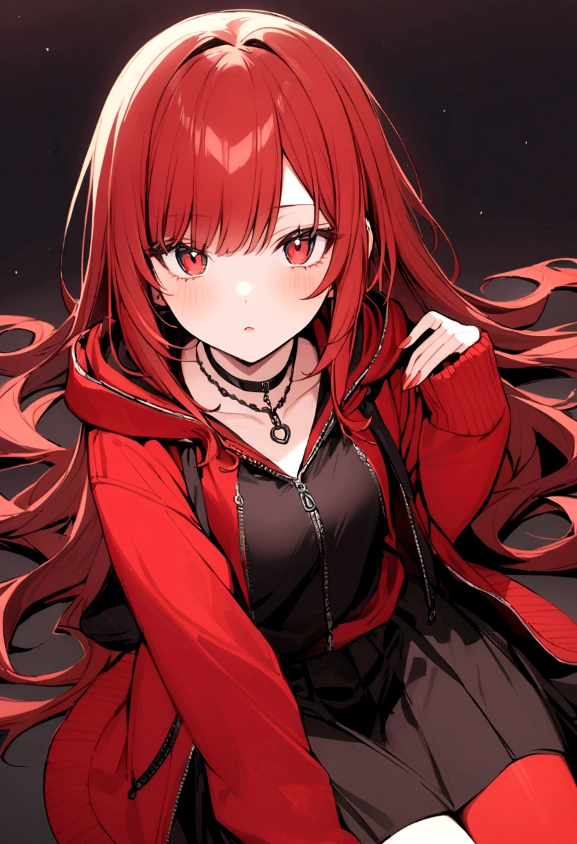 a girl with a red skirt and a black skirt under the red shirt . red stockings with the top black. red zip up hoodie with a black shirt underneath. red hair and red eyes has a black Choker Necklace