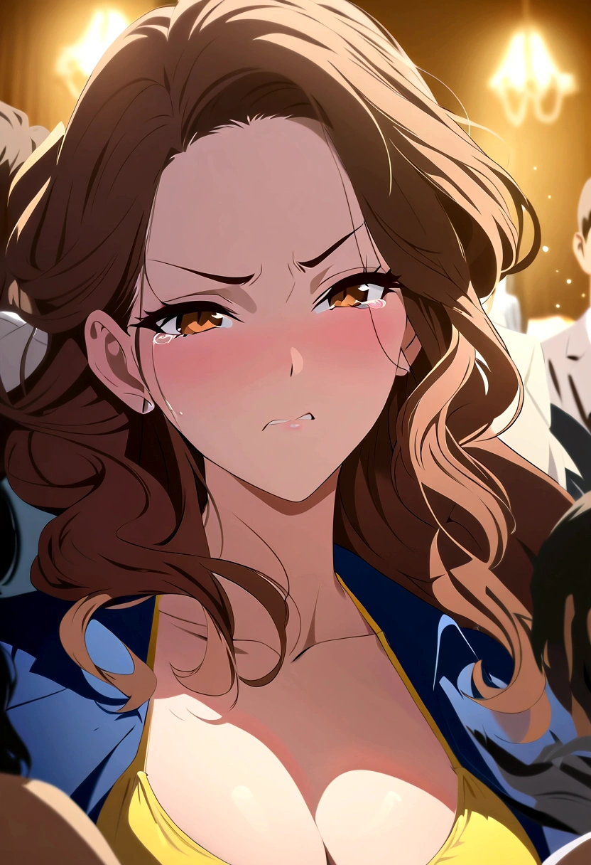 （gangbang）,NSFW,best quality, female, streaming tears,  glamorous, forehead, long wavy brown hair ,yellow  swimsuit,scowl,1 girl,many boy