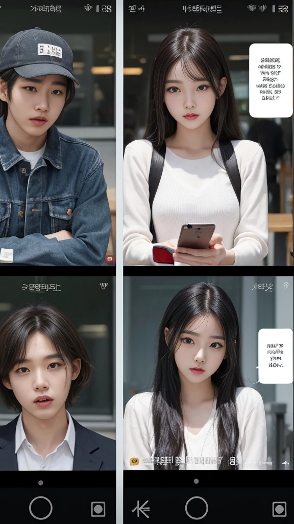 (high quality), (SFW:1.2), split screen, delinquent, Mature high school girl and Korean adult man enjoying smartphone chatting app, Her smartphone display shows a number of adult Korean men having a conversation with a high school girl..., Chat language is English., The men are waiting for her reaction, pop-up window, there'still, The man is asking her to chat on his smartphone screen. Chat takes place alternately between women and men....