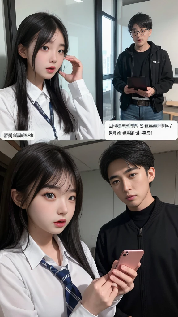  (high quality), (SFW:1.2), split screen, delinquent, Mature high school girl and Korean adult man enjoying smartphone chatting app, Her smartphone display shows a number of adult Korean men having a conversation with a high school girl..., Chat language is English., The men are waiting for her reaction, pop-up window, there&#39;still, The man is asking her to chat on his smartphone screen. Chat takes place alternately between women and men....
