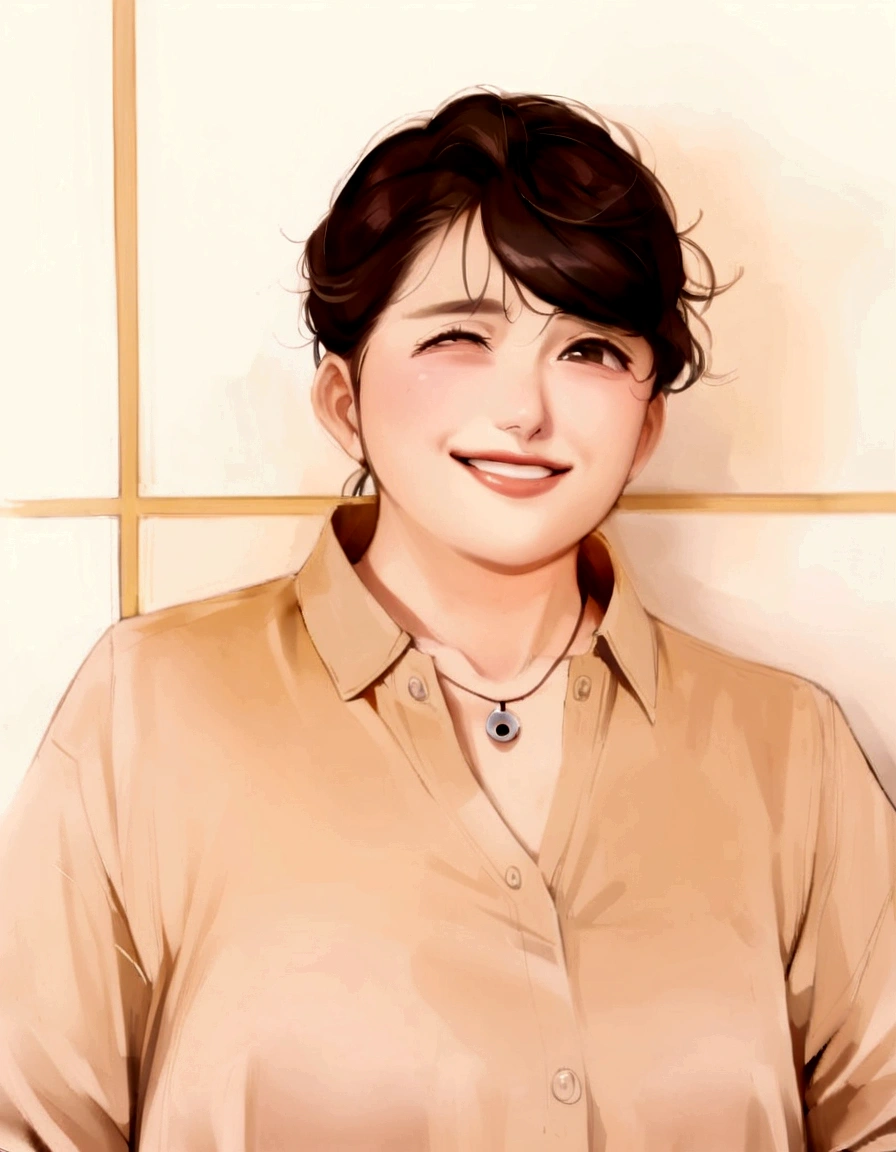 A woman wearing a brown shirt and standing against a wall with a smile, chiho ashima, kiyoko suzuki, Kazami Yuuka, tsugumi ohba, Hole in the Motto, eiko ishioka, narumi kakinouchi, etsuko miura, Ogata Aoi, Nishihara Isao, It&#39;s bittersweet