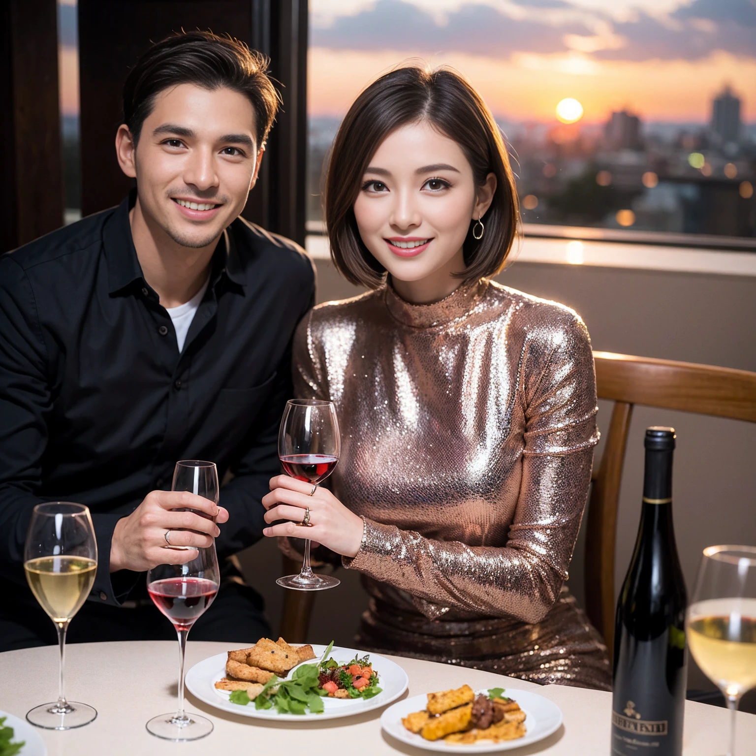((Highest quality、8K、masterpiece:1.3))、 (Ultra-realistic、 Genuine、Bright image、Intricate details:1.2), 最高のsmile、Wine Party、1 male、1 female、Beautiful couple、love love love、spouse、Female announcer、actress couple、smile、Full-course dinner at a packed table、 (Slim face), (the body is slim), (Brown Hair), (short hair), テーブルのwine glass、Please shine a light on my face、 Amazing view of the sunset sky and clouds、 39 years old, red wine 、Appetizers、Wine bottle、sparkling wine、Long sleeve shirt、dress、White wine, red wine, wine glass,
