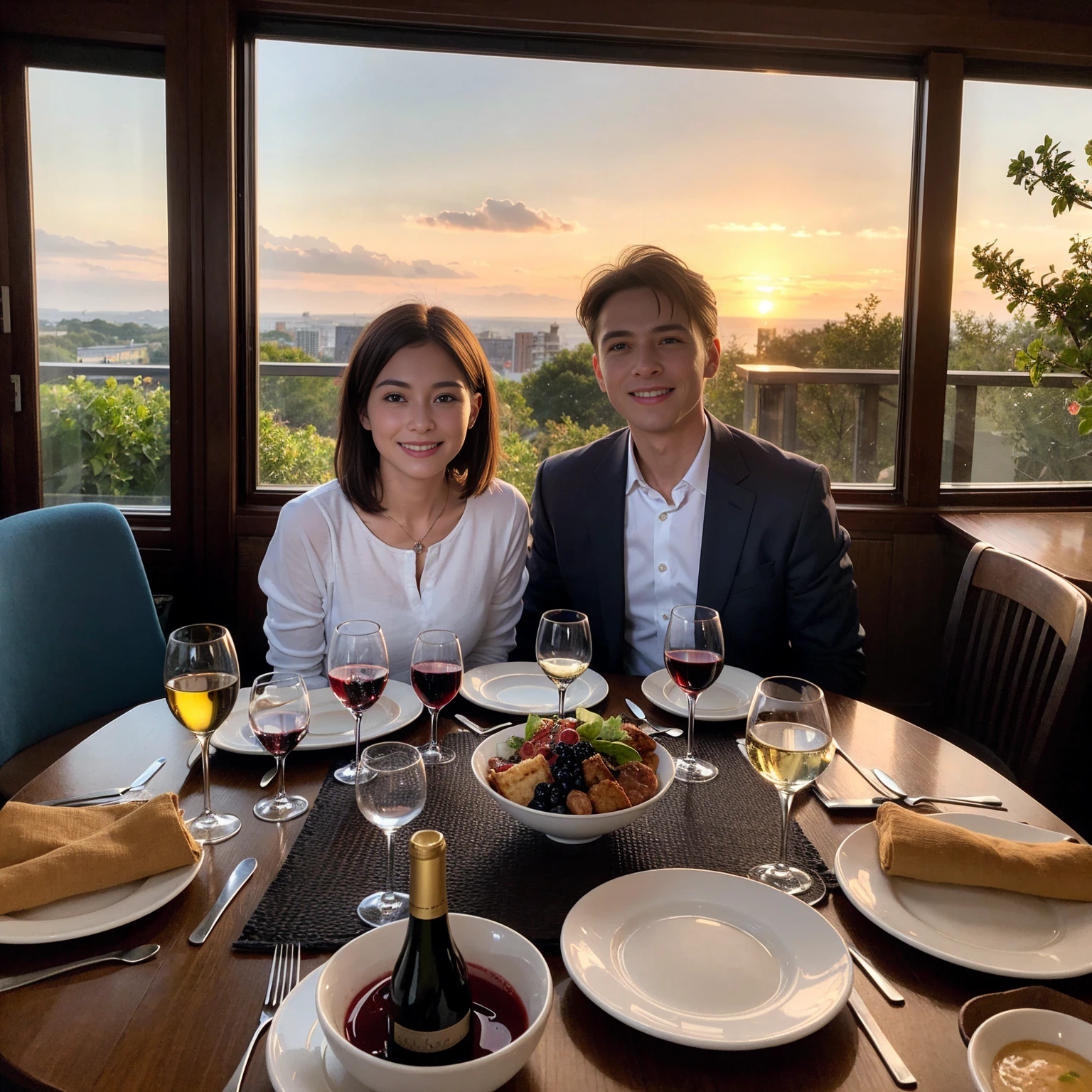 ((Highest quality、8K、masterpiece:1.3))、 (Ultra-realistic、 Genuine、Bright image、Intricate details:1.2), 最高のsmile、1 male、1 female、Beautiful couple、love love love、spouse、spouse、Good friends、actress couple、smile、Full-course dinner at a packed table、 (Slim face), (the body is slim), (Brown Hair), (short hair), テーブルのwine glass、Please shine a light on my face、 Amazing view of the sunset sky and clouds、9 years old, red wine 、Appetizers、Wine bottle、sparkling wine、Long sleeve shirt、dress、White wine, red wine, wine glass,
