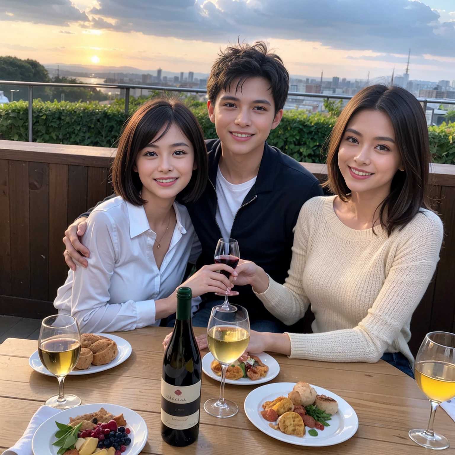((Highest quality、8K、masterpiece:1.3))、 (Ultra-realistic、 Genuine、Bright image、Intricate details:1.2), 最高のsmile、1 male、1 female、Beautiful couple、love love love、spouse、spouse、Good friends、actress couple、smile、Full-course dinner at a packed table、 (Slim face), (the body is slim), (Brown Hair), (short hair), テーブルのwine glass、Please shine a light on my face、 Amazing view of the sunset sky and clouds、9 years old, red wine 、Appetizers、Wine bottle、sparkling wine、Long sleeve shirt、dress、White wine, red wine, wine glass,