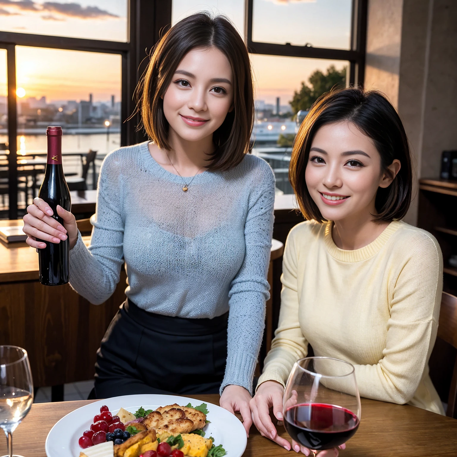 ((Highest quality、8K、masterpiece:1.3))、 (Ultra-realistic、 Genuine、Bright image、Intricate details:1.2), 最高のsmile、1 male、1 female、Beautiful couple、love love love、spouse、spouse、Good friends、actress couple、smile、Full-course dinner at a packed table、 (Slim face), (the body is slim), (Brown Hair), (short hair), テーブルのwine glass、Please shine a light on my face、 Amazing view of the sunset sky and clouds、9 years old, red wine 、Appetizers、Wine bottle、sparkling wine、Long sleeve shirt、dress、White wine, red wine, wine glass, 