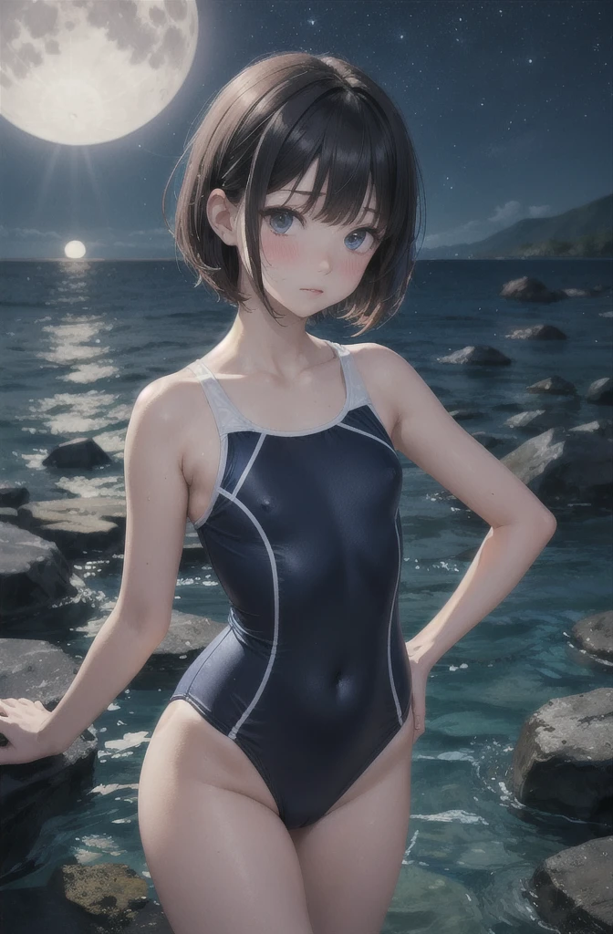 最high quality , high quality , High resolution , Detailed CG , high school girl , short hair , School Swimsuit , slender , Modest chest , Beautiful small hips , Black Hair , Two limbs , Optimal ratio , Embarrassed expression , Burning cheeks , Sea of night , Reef at night , Very dark place , There is very little light, only moonlight , A place without people , Nipples are visible , touching one's own breasts with one's own hands , facial expression during orgasm , Hiding in the shadows