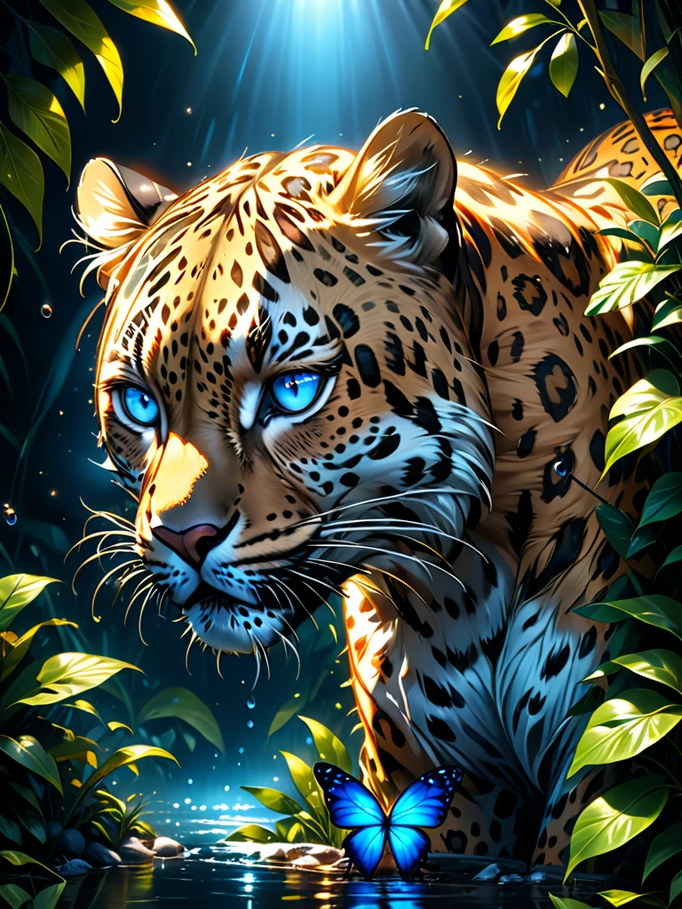 Lush plants,A fierce leopard in the jungle,1leopard,orange piercing eyes,black and white,dark background,photorealistic,realistic,high quality,high resolution,ultra detailed,masterpiece,studio lighting,cinematic lighting,dramatic lighting,Blue glowing butterfly,Water drops on leaves