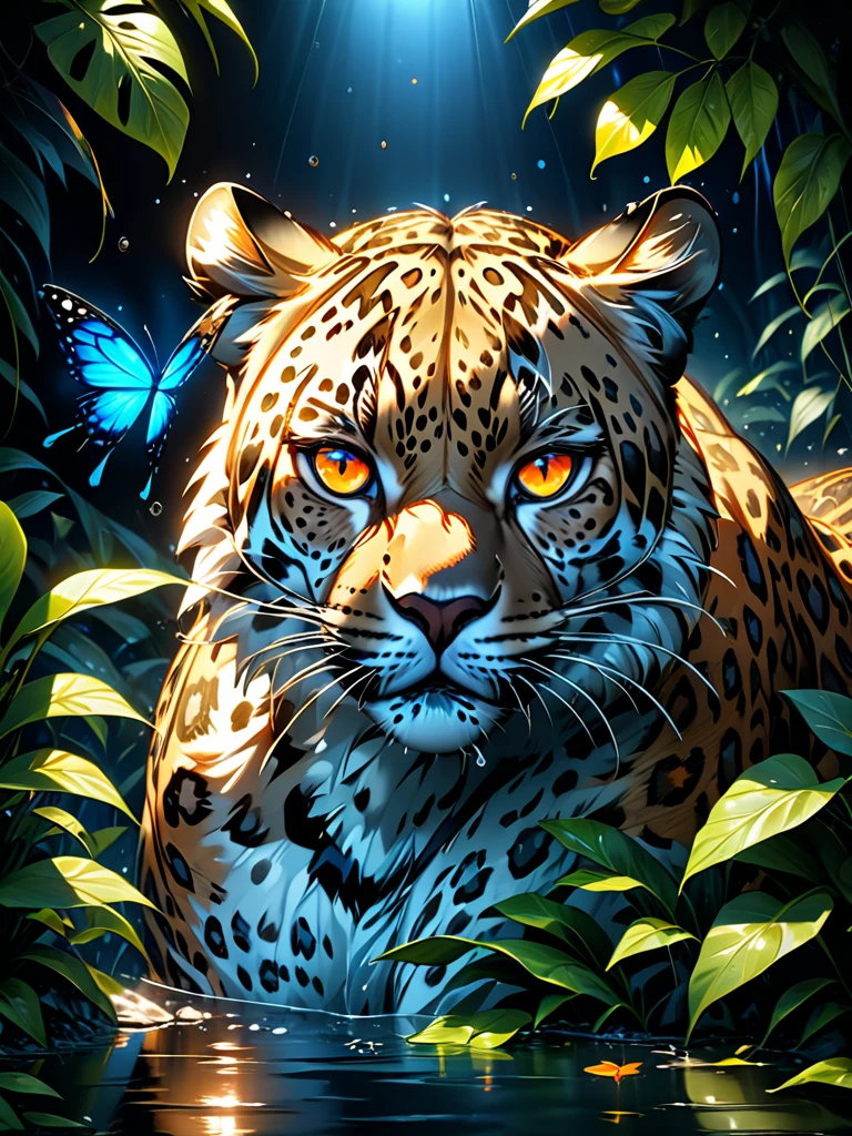 Lush plants,A fierce leopard in the jungle,1leopard,orange piercing eyes,black and white,dark background,photorealistic,realistic,high quality,high resolution,ultra detailed,masterpiece,studio lighting,cinematic lighting,dramatic lighting,Blue glowing butterfly,Water drops on leaves