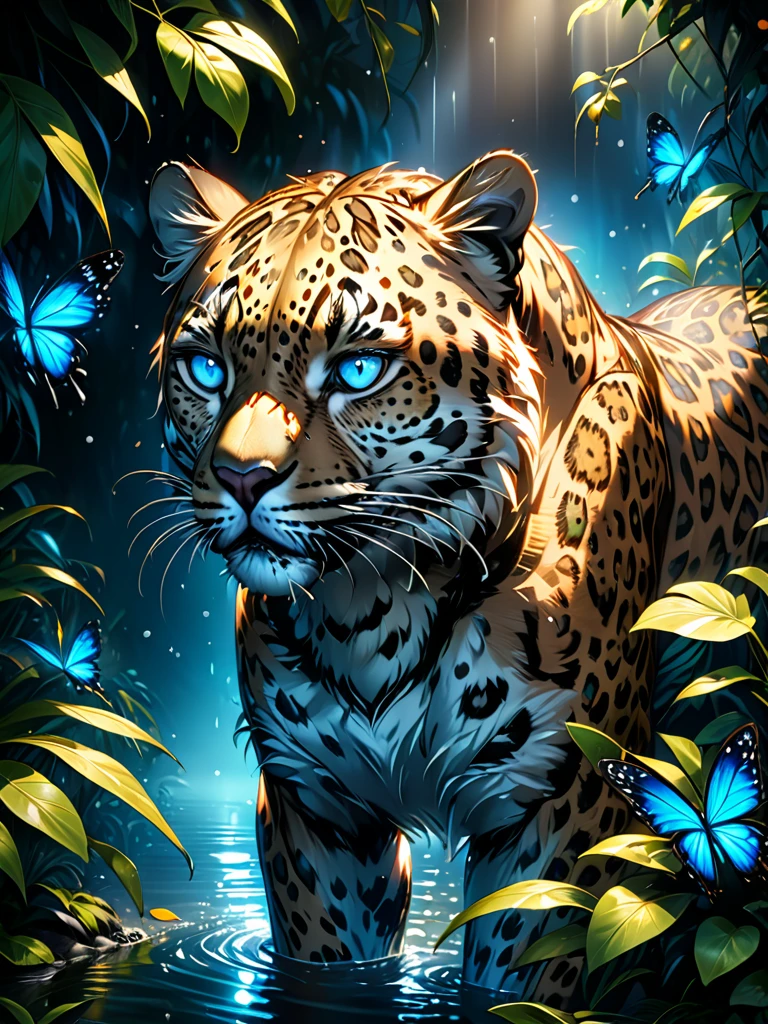 Lush plants,A fierce leopard in the jungle,1leopard,orange piercing eyes,black and white,dark background,photorealistic,realistic,high quality,high resolution,ultra detailed,masterpiece,studio lighting,cinematic lighting,dramatic lighting,Blue glowing butterfly,Water drops on leaves