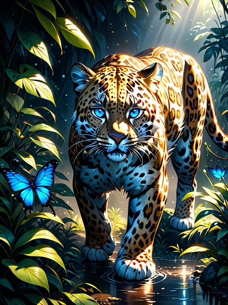 Lush plants,A fierce leopard in the jungle,1leopard,orange piercing eyes,black and white,dark background,photorealistic,realistic,high quality,high resolution,ultra detailed,masterpiece,studio lighting,cinematic lighting,dramatic lighting,Blue glowing butterfly,Water drops on leaves