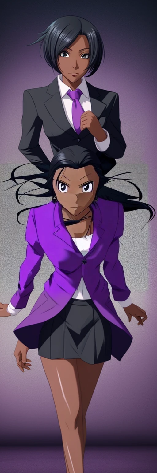 Black anime business woman in a purple skirt suit in anime style 