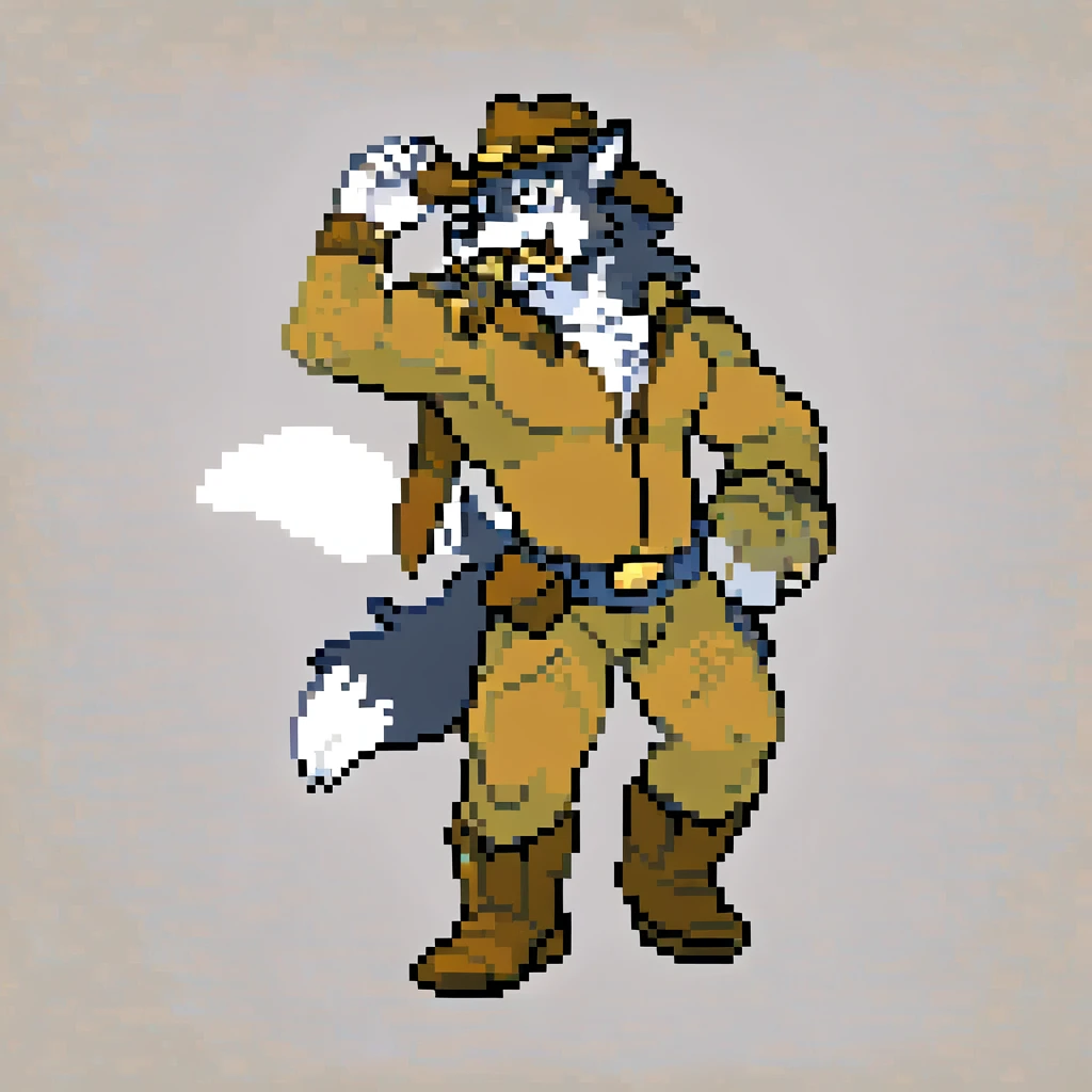 canid, canine, canis, mammal, mythological_canine, were, werecanid, werecanine, werewolf, wolf, anthro, biped, white_body, white_fur, black_nose, brown_cowboy_hat, brown_cowboy_boots, tipping_hat, hand_on_side, holster, straw_in_mouth, male, fingers, fluffy, fluffy_tail, fur, muscular, muscular_anthro, full_body, digital_media_(artwork), hi_res, masterpiece,