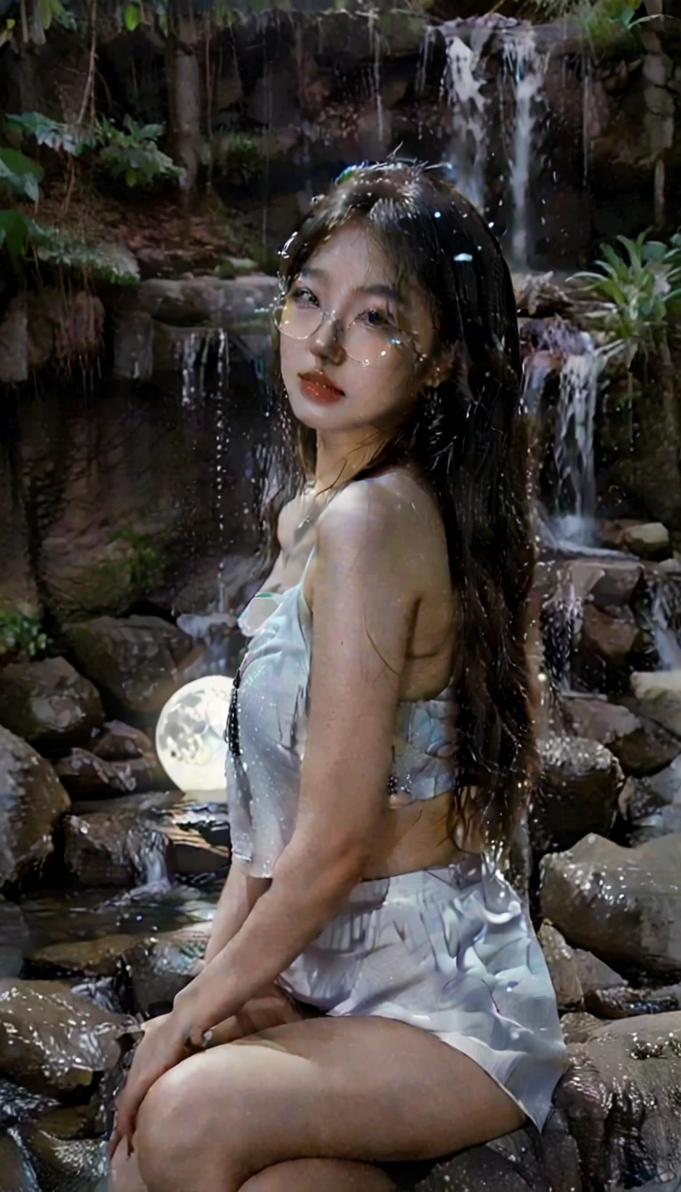 shot by Sony a7 IV Mirrorless Camera, natural light, analog film photo, Kodachrome ,in a magical crystal world , a woman is sitting near a waterfall on a full moon night , sparkling and glittering glowing particles in the air , soft bluish glow, show your nipple, beautiful breasts, Korean girl 