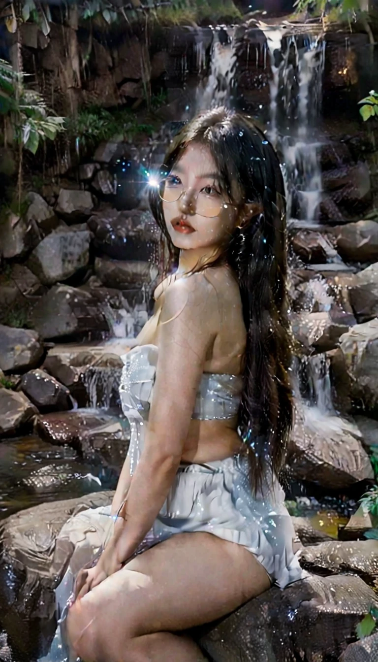 shot by Sony a7 IV Mirrorless Camera, natural light, analog film photo, Kodachrome ,in a magical crystal world , a woman is sitting near a waterfall on a full moon night , sparkling and glittering glowing particles in the air , soft bluish glow, show your nipple, beautiful breasts, Korean girl 