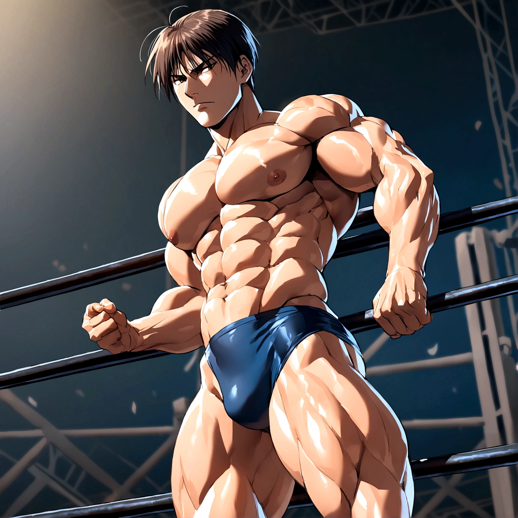 Roy Mustang de Full Metal Alchemist, body builder, wearing ????????, sensuous, Abdomen, large legs, large breasted