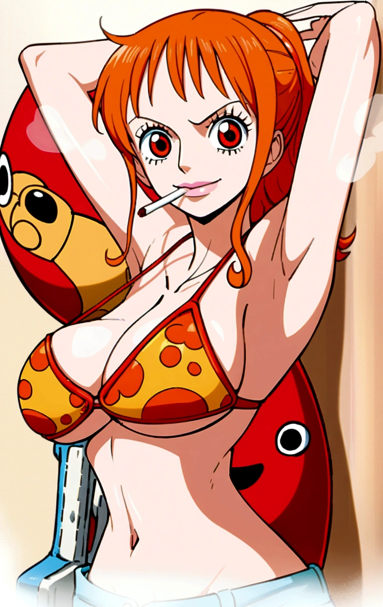 a cartoon picture of a woman in a bikini top and jeans, nami one piece, nami from one piece, nami, beautiful portrait of nami, from one piece, , blue eyes, smoking, ponytail