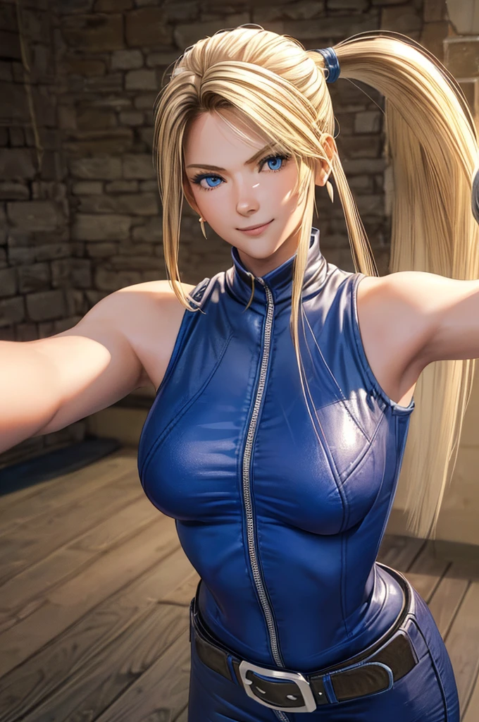 Sarah, blue eyes, angle view, (full :1.1), (skinny girl:1.0), ((long ponytail:1.3)), (free flowing hair:1.4), cowboy shot, blonde hair, long hair, (long side burns:1.4), Shoulders , (arms :1.0), (very detailed skin:1.5), (:1.4), belt ,sleeveless, (closed zipper), earrings, fingerless short gloves, BREAK masterpiece, 1 girl, RAW photo, (best quality:1.2), extremely delicate beautiful, very detailed, 2k wallpaper, amazing, fine details, (:1.3), extremely detailed CG Unity 8k wallpaper, super detailed, high resolution, (beautiful detailed girl:1.4), perfect , wide cheeks, (shiny clothes:1.1), (smile:1.2), (upper body:1.3), (Realistic, Photorealistic:1.0), (thin nose:1.2), (:1.3), 20 year old, high nose bridge, (blue clothes:1.2), fighting pose, fighting arena, armpit against wall, wide face, (wide smile:1.3), closed mouth
