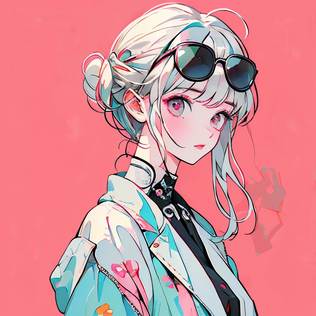 masterpiece、One Girl、White Hair、Fashionable clothes、Black jacket、Pink Background、sunglasses、Low - Angle