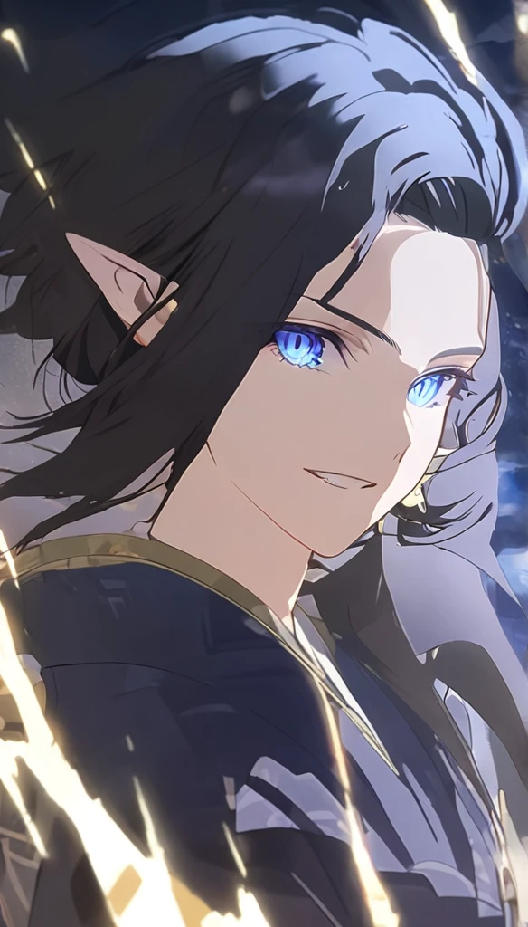 1man, elven ears, electric god, blue black hair, short hairstyle, glowing blue eyes, electric spark, monk, elegant thai clothes,