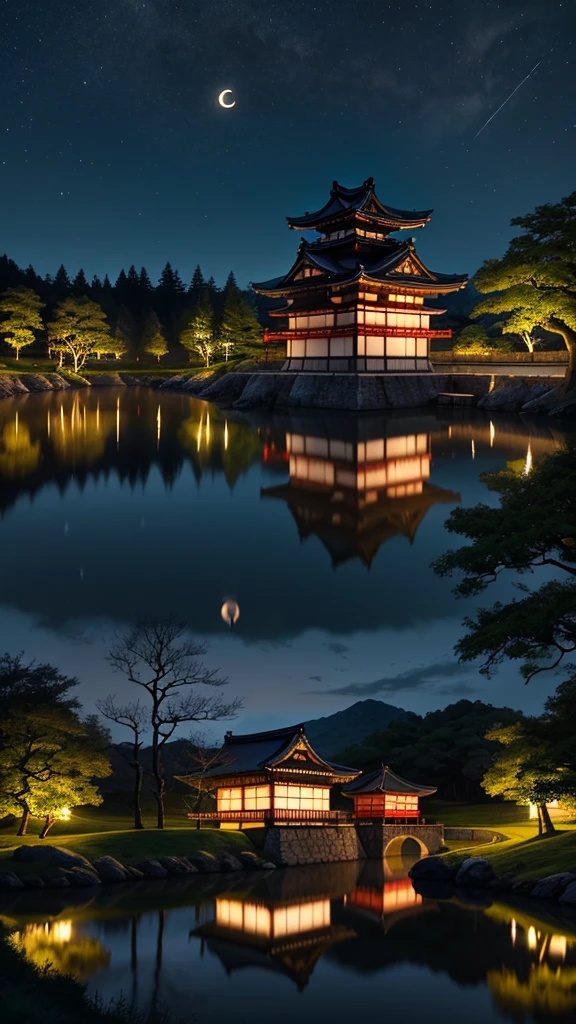 A traditional Japanese castle,With multi-layered roofs and white walls,Illuminated in the dark night sky. The castle is beautifully reflected in the calm water in front of it, Creating a perfect mirror image. The crescent moon hangs in the sky to the left of the castle,Also reflected in the water. There is a stone foundation around the castle, Surrounding trees are partially visible in the background. The overall scene is full of tranquility and mysterious atmosphere, The bright castle contrasts sharply with the dark surroundings.