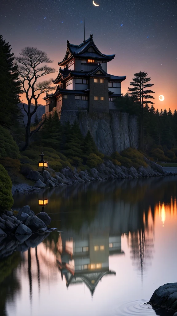A traditional Japanese castle,With multi-layered roofs and white walls,Illuminated in the dark night sky. The castle is beautifully reflected in the calm water in front of it, Creating a perfect mirror image. The crescent moon hangs in the sky to the left of the castle,Also reflected in the water. There is a stone foundation around the castle, Surrounding trees are partially visible in the background. The overall scene is full of tranquility and mysterious atmosphere, The bright castle contrasts sharply with the dark surroundings.