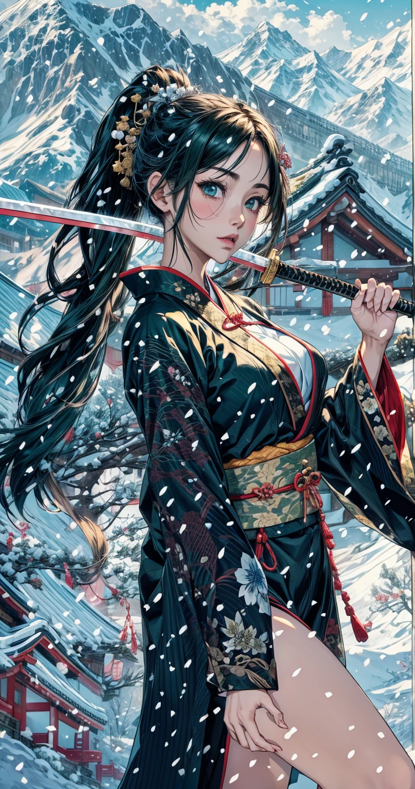 cute、Snow Mountain、Japanese House、He has a Japanese sword in his left hand.、Dark green kimono、Exposing thighs、that&#39;it&#39;s snowing、silver world、Yellow-green floral kimono、The Japanese sword in his left hand shines brightly..、Japanese swords are long、The Japanese sword in his right hand is connected behind his head..
