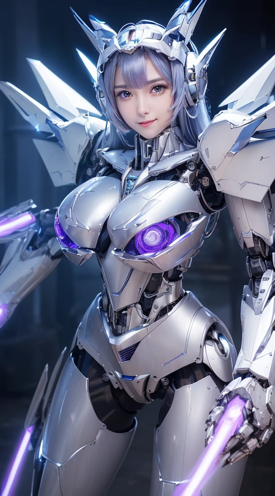 ((Intense action pose:1.6))、((Shining lenses on both breasts:1.3))、((Blue pillars of light are emanating from both chests.:1.3))、smile、((8K)), ((32k)), ((Highest quality)), ((masterpiece)), ((超A high resolution)), ((Tmasterpiece)), ((Halation:1.4))、((Mechaニカルheadgear:1.2))、((Cyber headphones:1.3))、Fine skin, High quality fabric, Fine metal texture、((Beautiful and dense face))、RAW Photos、Professional, Ultra-fine painting, ((alone)), Beautiful breasts、Highest quality, Very detailed, Very detailed詳細, Finer details, so beautiful, ((Princess Knight Robot:1.2)),  (Joints of machines, Mechanical Limbs:1.3), (The internal structure of the machine is exposed:1.3), (Long silver hair:1.1), (Beautiful and huge mechanical breasts)、White Veil, cowboy_shot, Side Focus, headgear, Shiny、(Five Fingers, Four fingers and thumb),Concept Art, Anime fantasy artwork, Detailed fantasy art, (with pale blue-violet hair and large white wings,,,,,,,), (((Long silver hair))), (Mecha:1.6)、Sleek and intimidating design, ((Commander-in-Chief&#39;arm)), (Perfect robot body)、純白と青紫armまたは, Symmetrical wings, 8K high quality, detailed art, 3D rendering of character art in 8K, neat legs, Defined, Defined fingers,