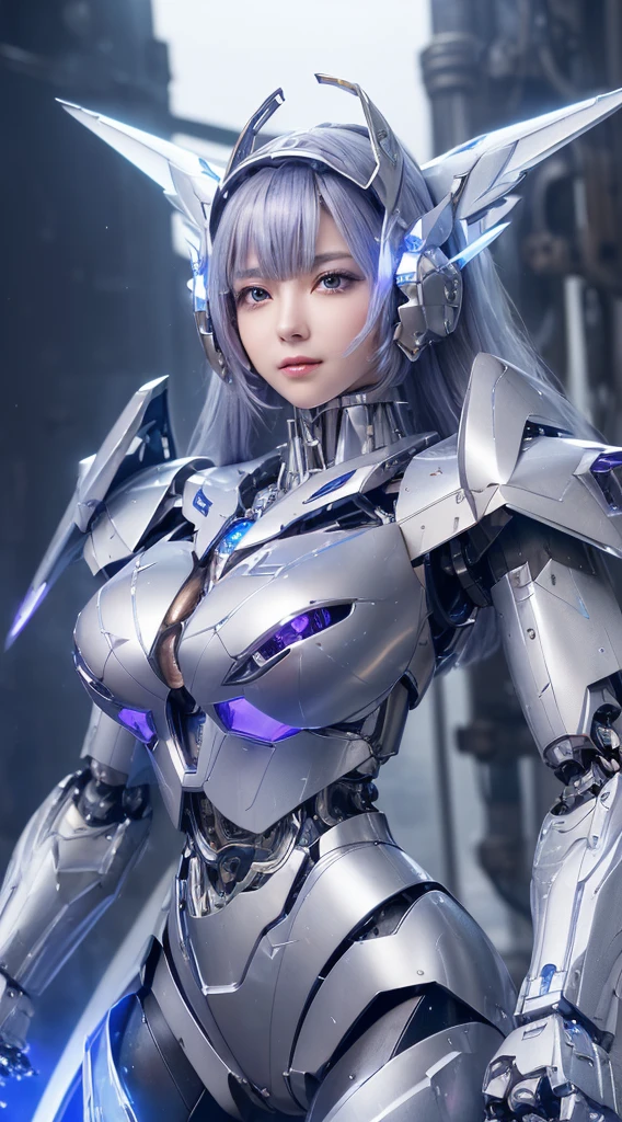 ((Intense action pose:1.6))、((Shining lenses on both breasts:1.3))、((Blue pillars of light are emanating from both chests.:1.3))、smile、((8K)), ((32k)), ((Highest quality)), ((masterpiece)), ((超A high resolution)), ((Tmasterpiece)), ((Halation:1.4))、((Mechaニカルheadgear:1.2))、((Cyber headphones:1.3))、Fine skin, High quality fabric, Fine metal texture、((Beautiful and dense face))、RAW Photos、Professional, Ultra-fine painting, ((alone)), Beautiful breasts、Highest quality, Very detailed, Very detailed詳細, Finer details, so beautiful, ((Princess Knight Robot:1.2)),  (Joints of machines, Mechanical Limbs:1.3), (The internal structure of the machine is exposed:1.3), (Long silver hair:1.1), (Beautiful and huge mechanical breasts)、White Veil, cowboy_shot, Side Focus, headgear, Shiny、(Five Fingers, Four fingers and thumb),Concept Art, Anime fantasy artwork, Detailed fantasy art, (with pale blue-violet hair and large white wings,,,,,,,), (((Long silver hair))), (Mecha:1.6)、Sleek and intimidating design, ((Commander-in-Chief&#39;arm)), (Perfect robot body)、純白と青紫armまたは, Symmetrical wings, 8K high quality, detailed art, 3D rendering of character art in 8K, neat legs, Defined, Defined fingers,