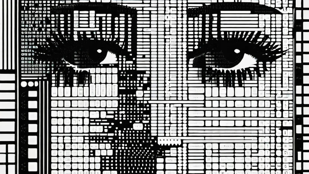 A woman,face front to the viewer, portrait composed of typographical elements,ASCII art aesthetic,monochrome,intricate details,creative use of letter shapes and negative space,high contrast,post-digital,
