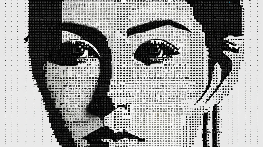 A woman,face front to the viewer, portrait composed of typographical elements,ASCII art aesthetic,monochrome,intricate details,creative use of letter shapes and negative space,high contrast,post-digital,