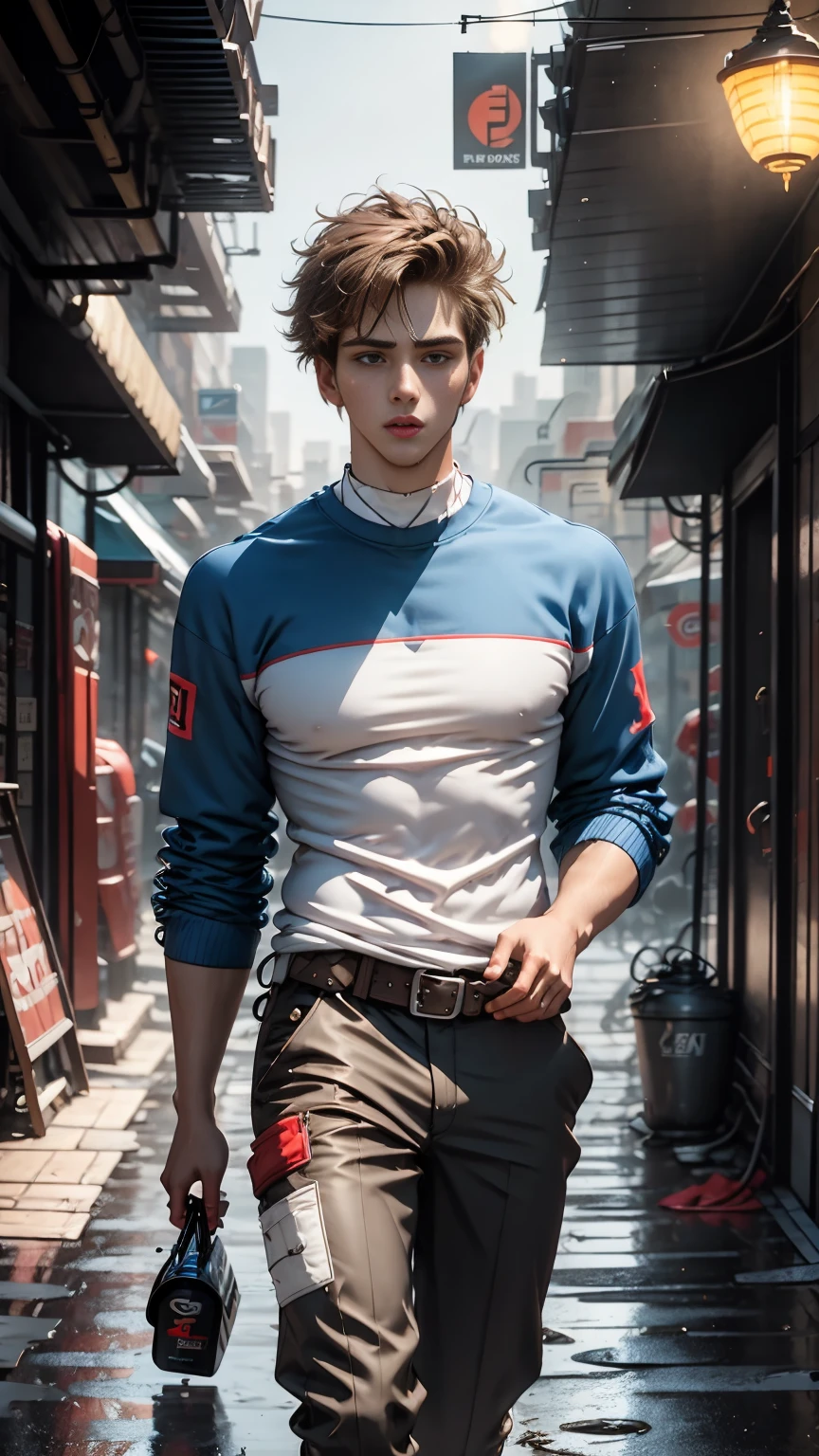 plano general, whole body, ((1 handsome young man, elegant, sensual:1.6)), (high resolution:1.2),ultra detailed, realist, sharp focus,showy,4k,8k, HD. Masterpiece, hiper realist, hyper detailed,With red hat, red camouflage, red sweatshirt, blue leggings, broad, by rubio, modern haircut:1.4, face mask, nasolabial , standing, half, (reality: 1.5), cyberpunk, Neon city, Neon, 3D, cgi, volumetric ray, white sclera, blue eyes,