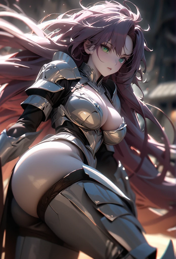 (solo), purple hair, messy hair, mane hair, extra long hair, dense hair, wild hair, expressive hair, mature,(25 year old), pale skin, green eyes, ((man)), wearing a silver armor, armored arms, armored legs, claws,, huge breast, big ass, beautiful, attractive, eye reflection, depth of field, thunder aura,cinematic lighting, ray tracing, depth of field, cinematic lighting, ray tracing, UHD, high details, best quality, highres, high quality, award winning, super detail, masterpiece, 8k, UHD, high details, best quality, highres, high quality, award winning, super detail, masterpiece, 8k, digital art, anime coloring, body shot, good face, perfect face, detailed face, good eyes